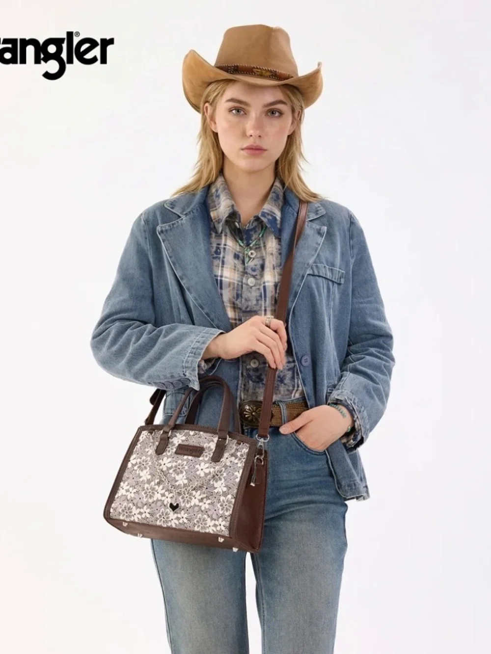 Wrangler Western Chic Lace with Chain Charm Satchel/Crossbody Bag Coffee
